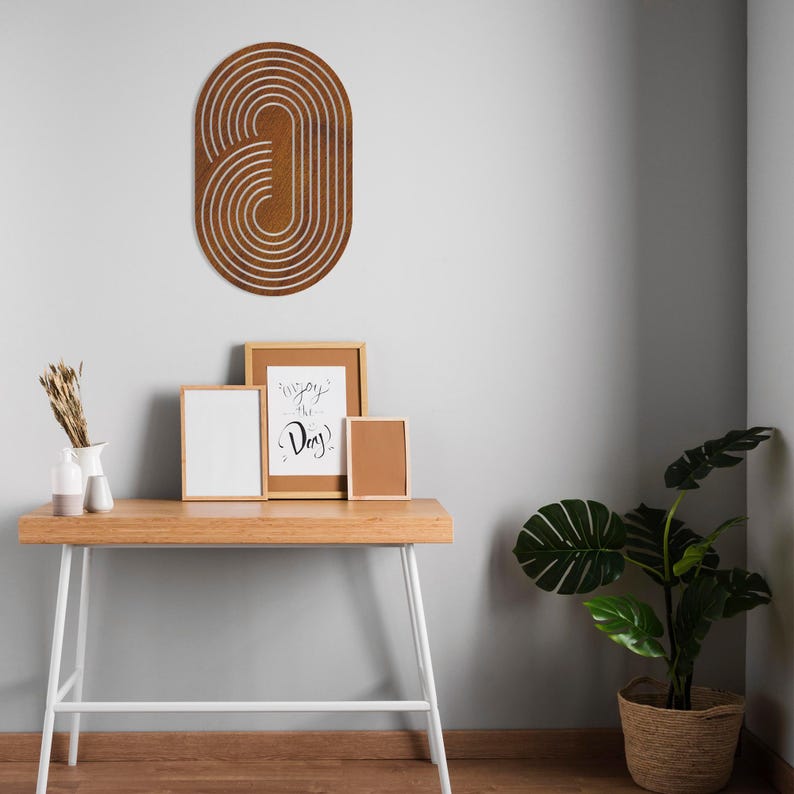 Boho Oval Geometric Wood Wall Art Natural Birch Front View