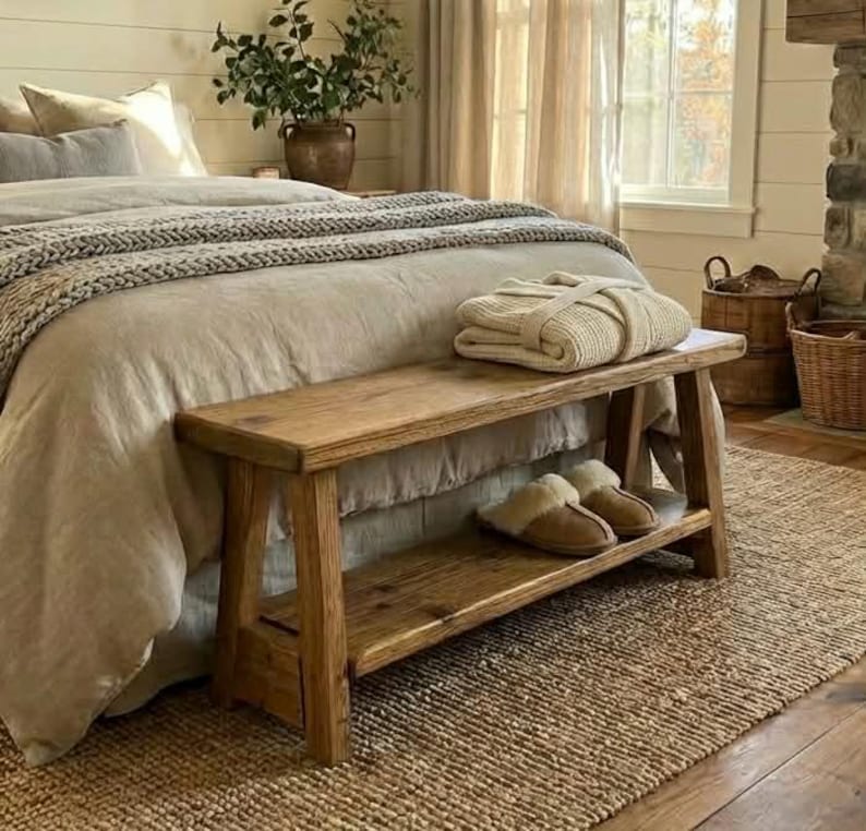 Handmade Reclaimed Wood Bed End Bench Light Oak Finish